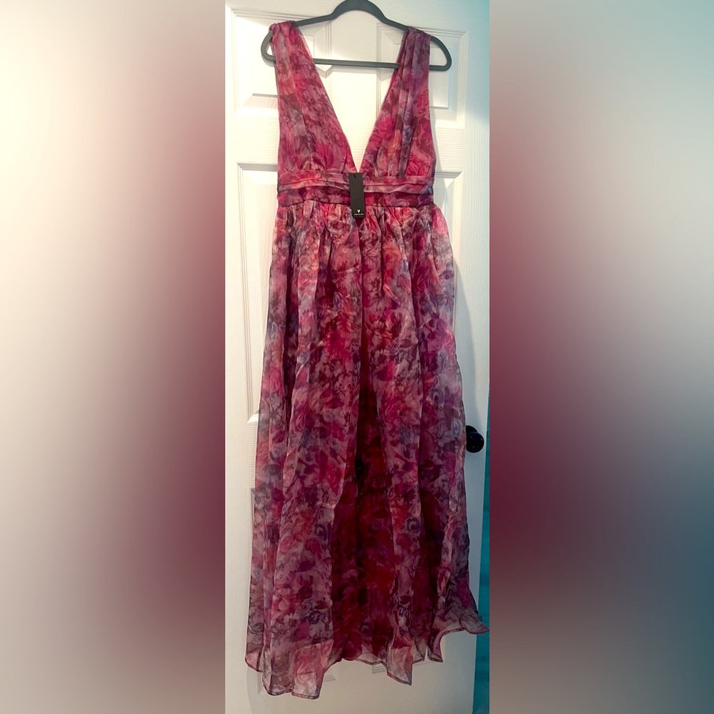 Garden Romance Magenta Floral Print Organza V-neck Maxi Dress